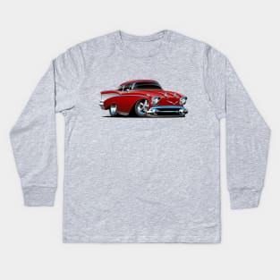 Classic hot rod 57 muscle car, low profile, big tires and rims, candy apple red cartoon Kids Long Sleeve T-Shirt